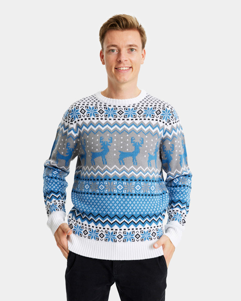 Classy White, Grey and Blue Christmas Jumper with Reindeers Mens