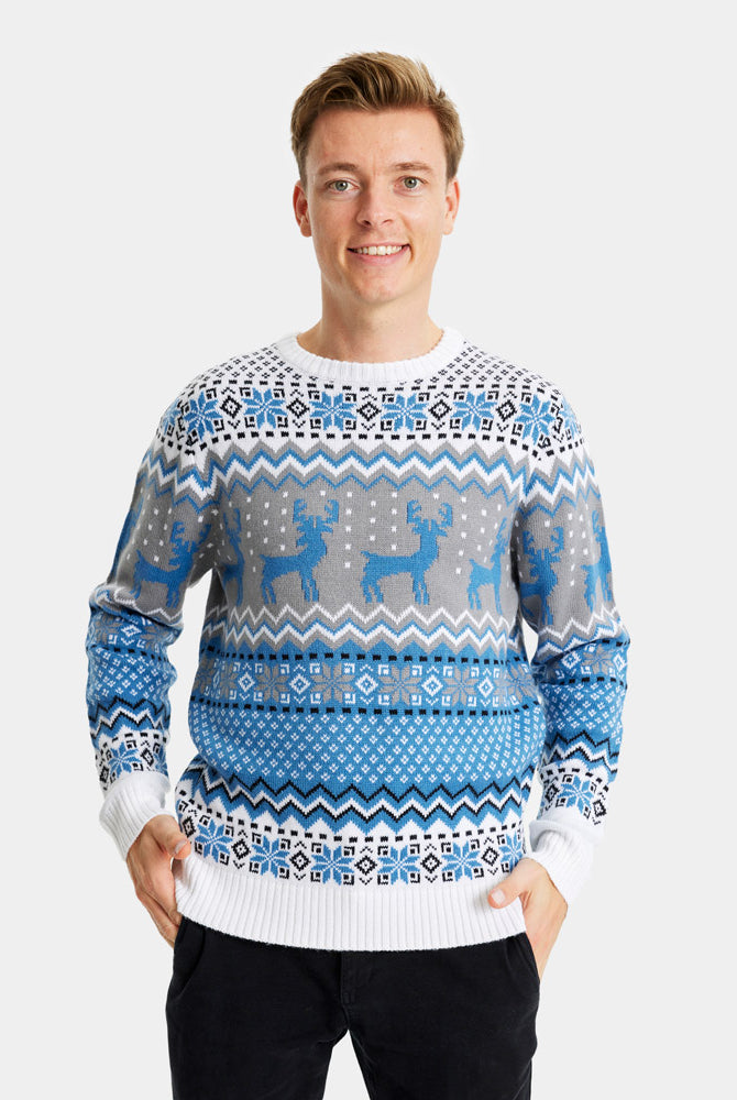 Classy White, Grey and Blue Christmas Jumper with Reindeers Mens