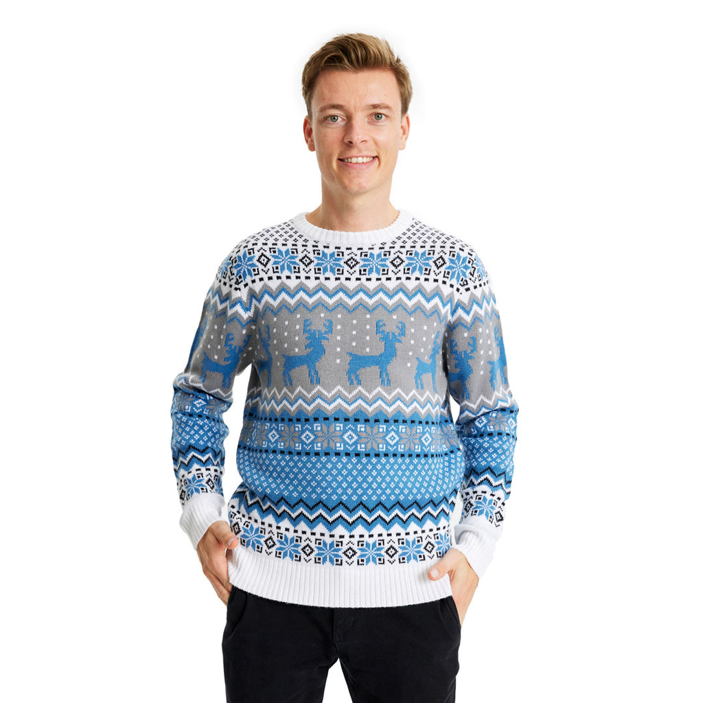 Classy White, Grey and Blue Christmas Jumper with Reindeers Mens