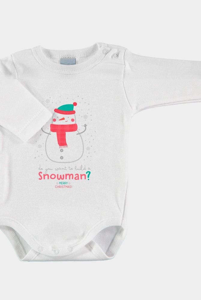 White long sleeve Babys Christmas Bodysuit with Snowman
