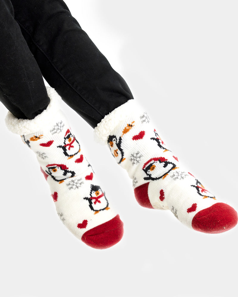 White Rubber Sole Christmas Socks with Penguins and Hearts Womens and Mens