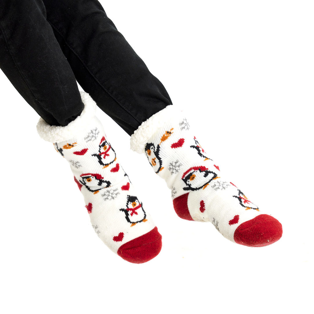 White Rubber Sole Christmas Socks with Penguins and Hearts Womens and Mens