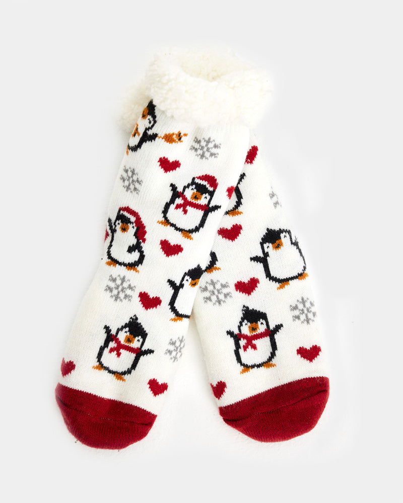 White Rubber Sole Christmas Socks with Penguins and Hearts