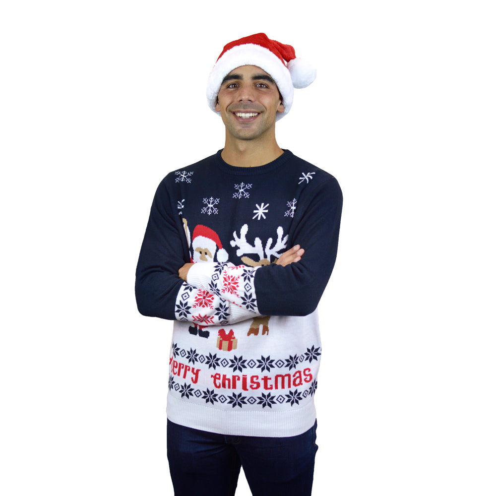 mens Blue Christmas Jumper with Santa and Rudolph