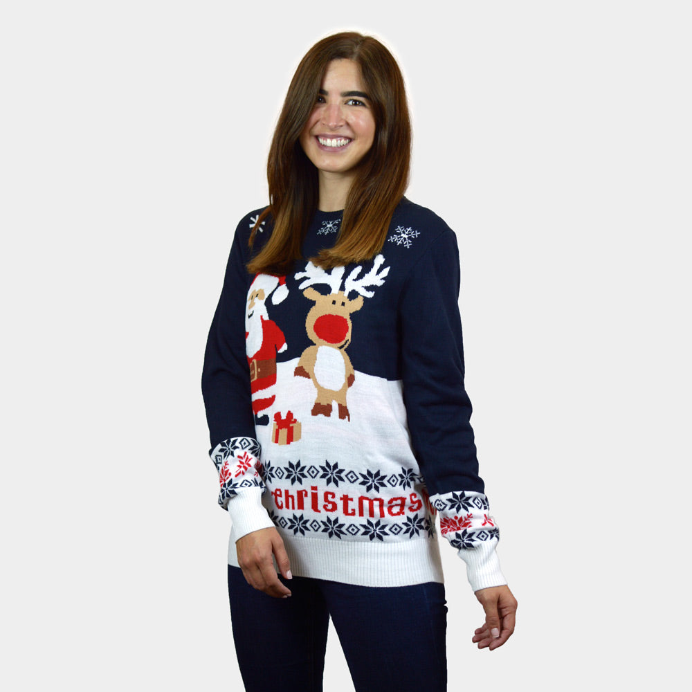 womens Blue Christmas Jumper with Santa and Rudolph