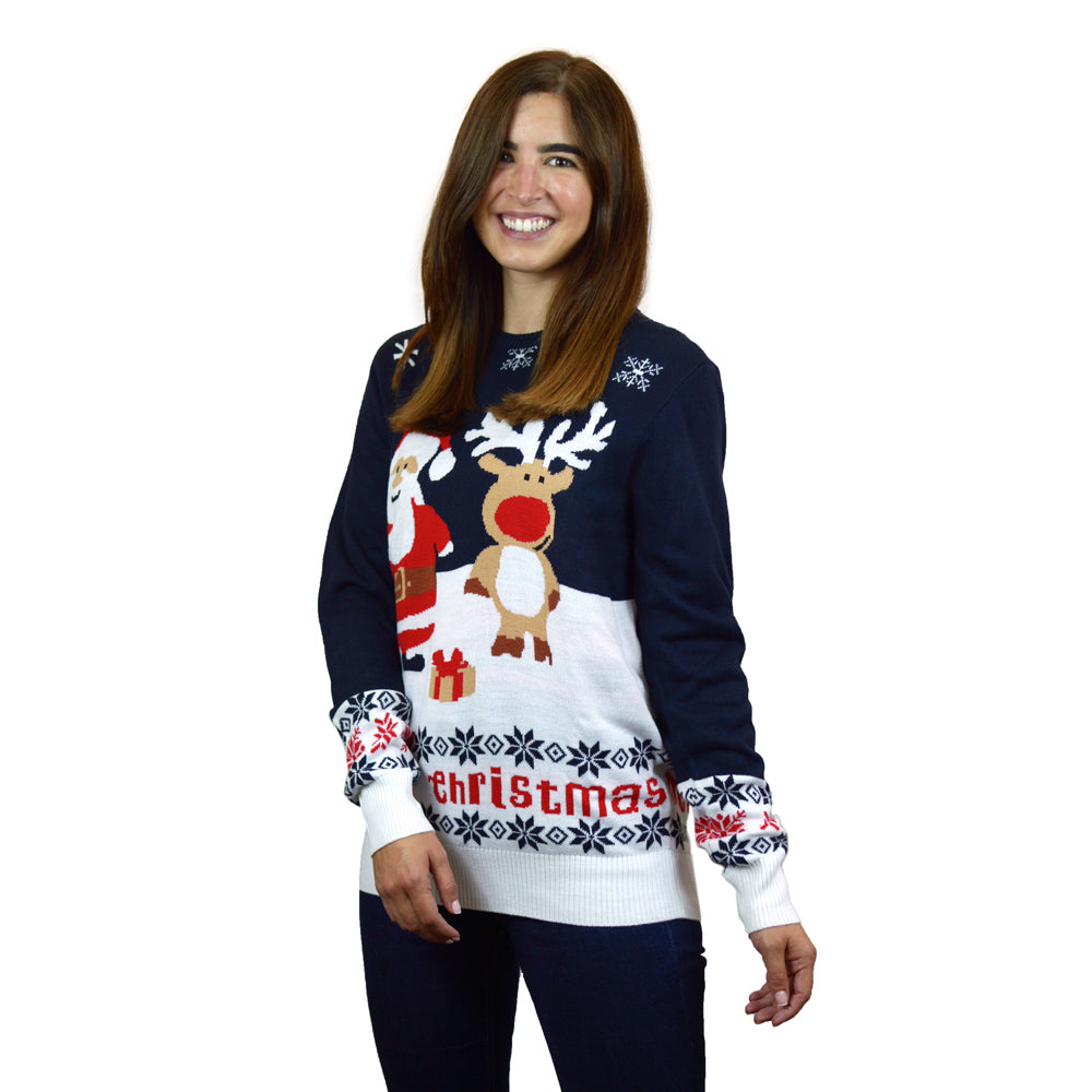 womens Blue Christmas Jumper with Santa and Rudolph