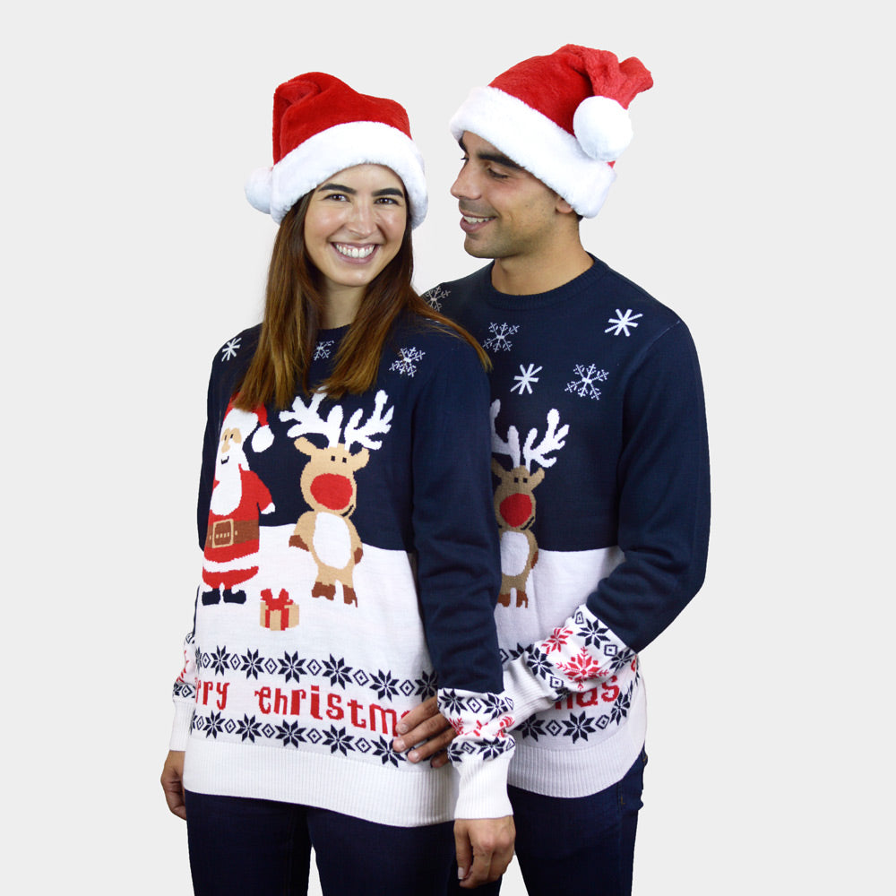 couples Blue Organic Cotton Family Christmas Jumper with Santa and Rudolph