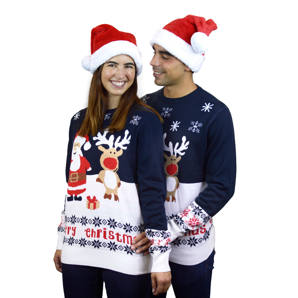 Blue Family Christmas Jumper with Santa and Rudolph couple