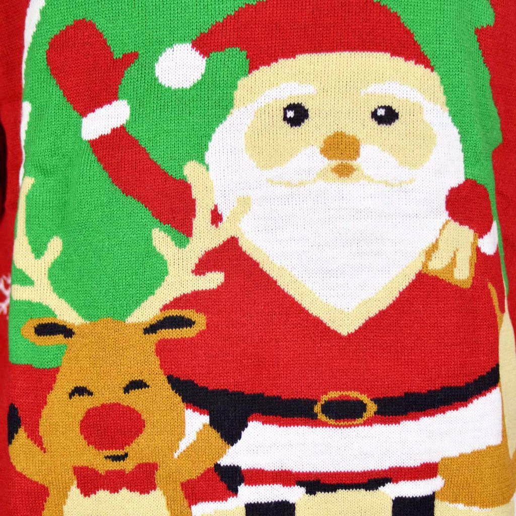 Red Family Christmas Jumper with Santa and Reindeer Greeting detail