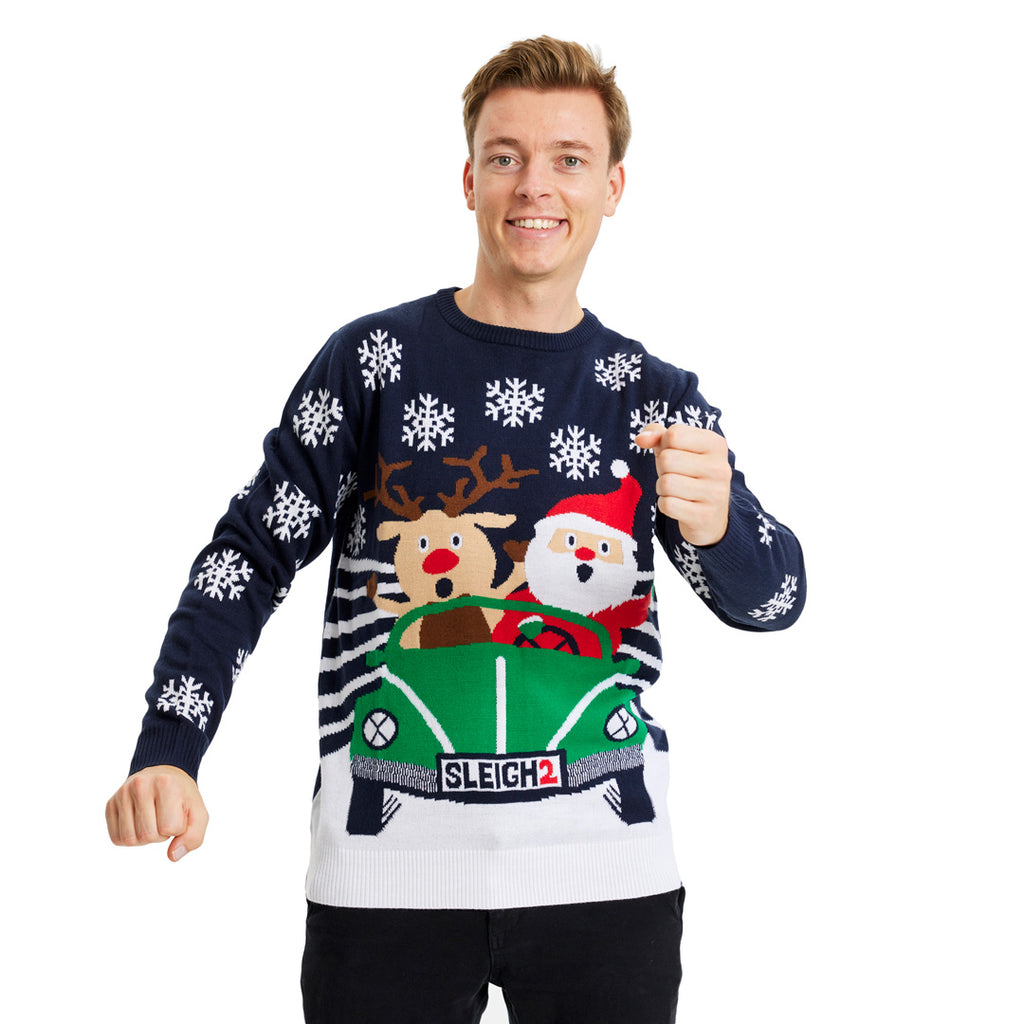 mens Family Christmas Jumper with Santa and Reindeer Driving