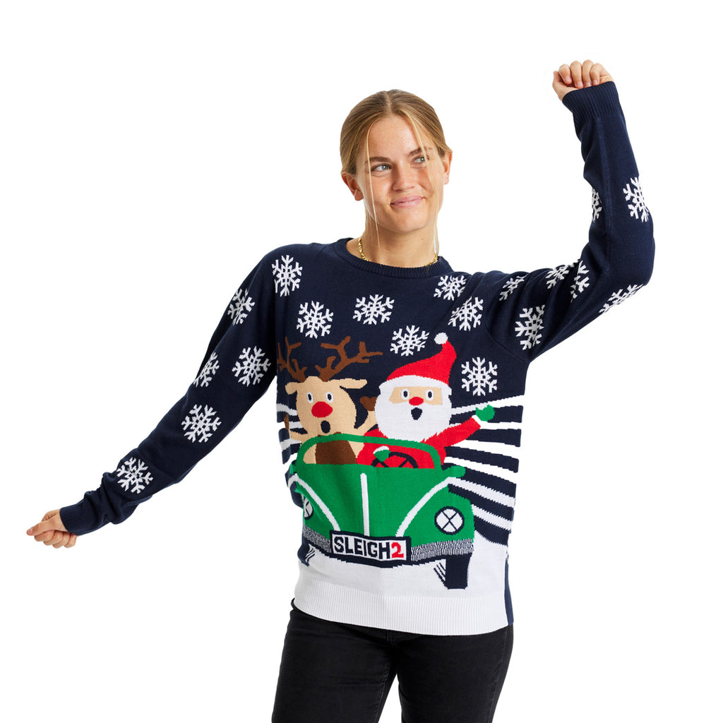 Family Christmas Jumper with Santa and Reindeer Driving womens