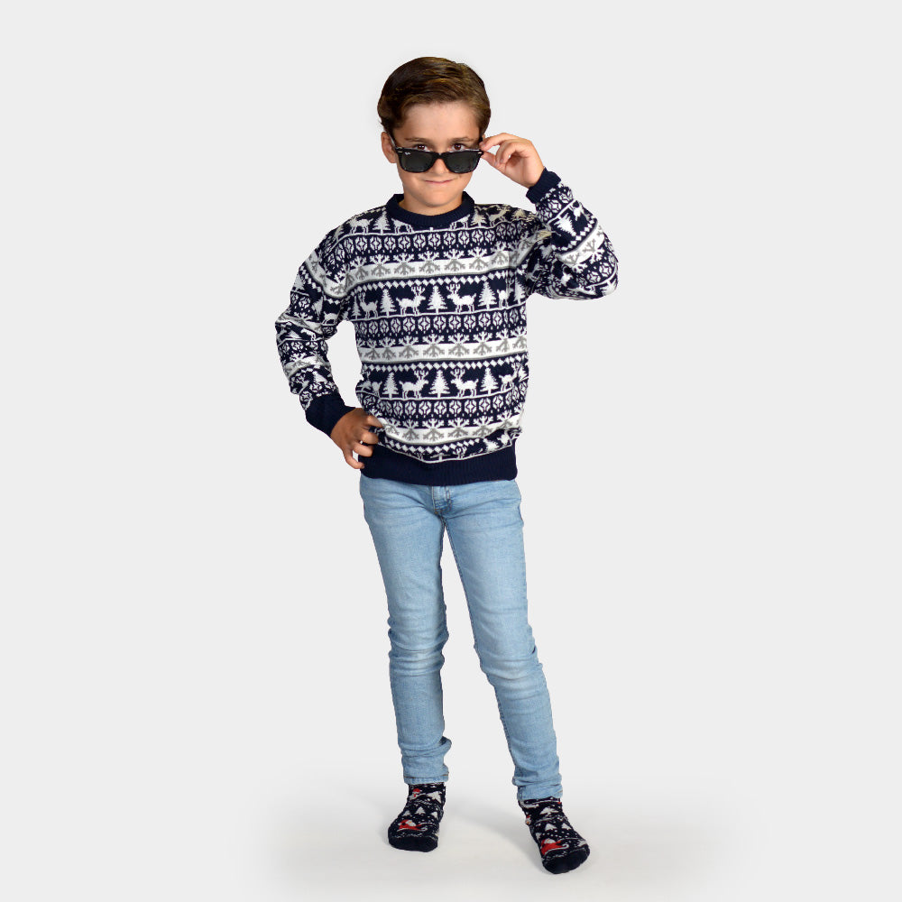 Childrens Christmas Jumper with Reindeer and Trees Strips