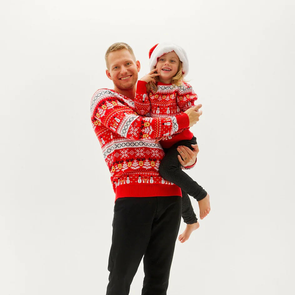 Red Organic Cotton Family Christmas Jumper with Snowmen and Trees 