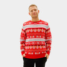 Red Organic Cotton Family Christmas Jumper with Snowmen and Trees mens