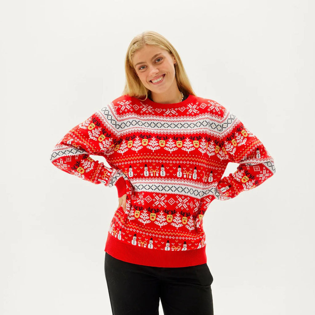 Red Organic Cotton Family Christmas Jumper with Snowmen and Trees womens
