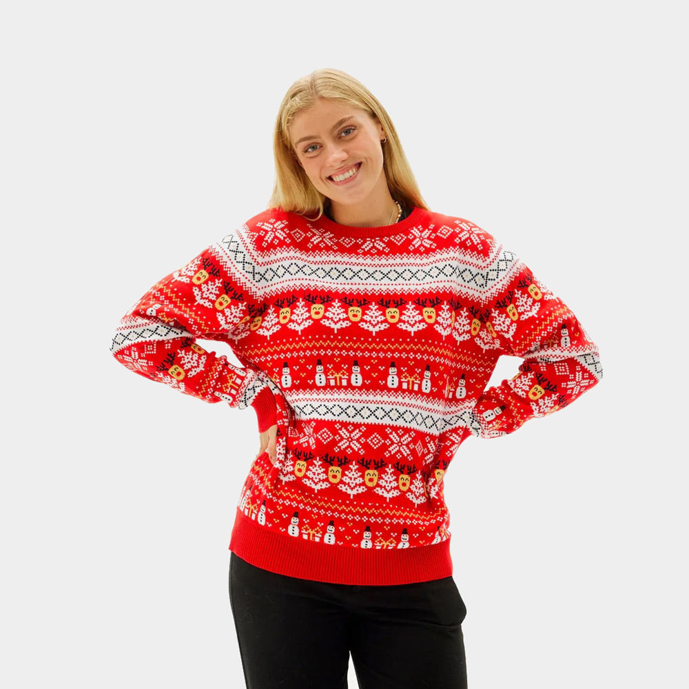 Red Organic Cotton Christmas Jumper with Snowmen and Trees womens