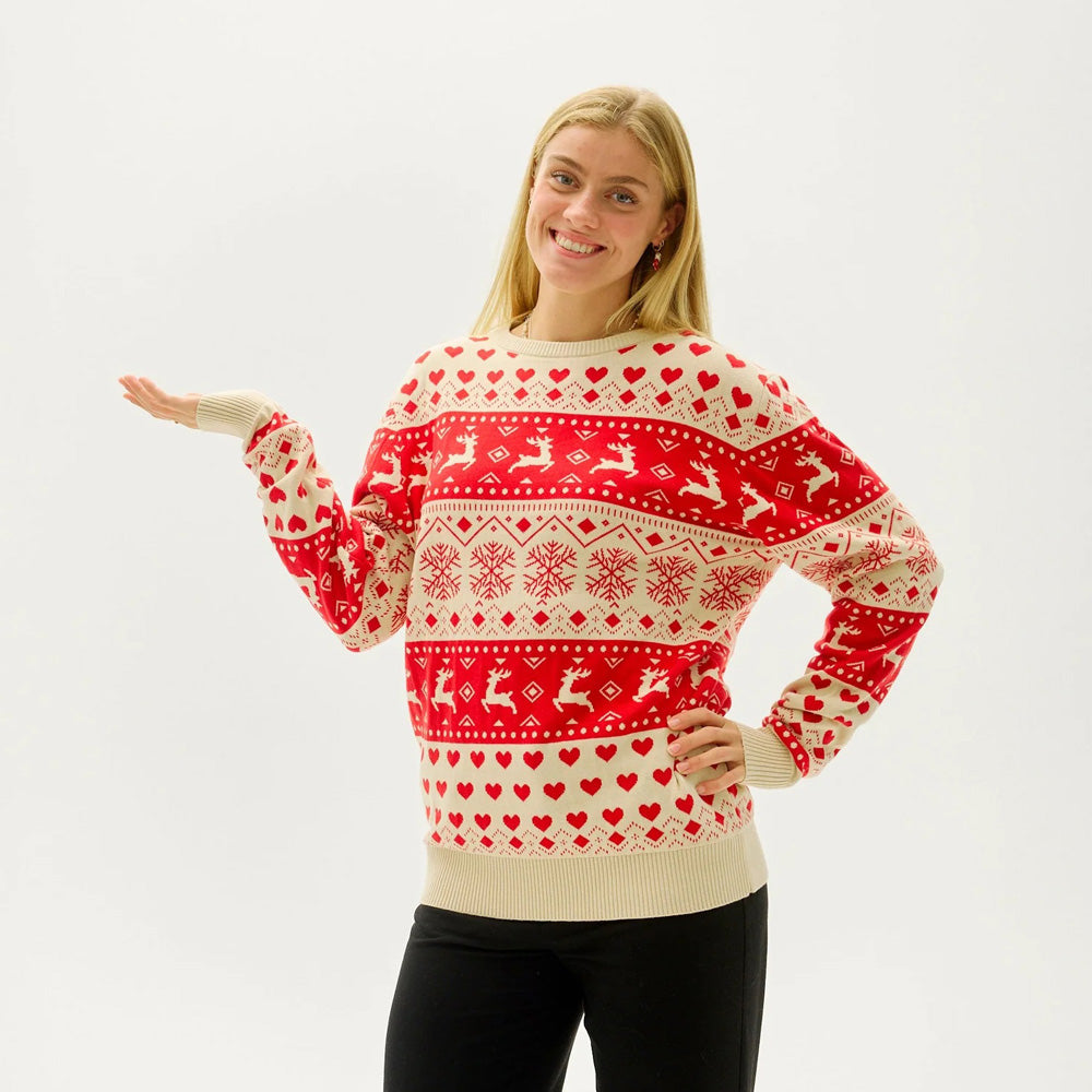 Red & Beige Organic Cotton Christmas Jumper with Hearts womens