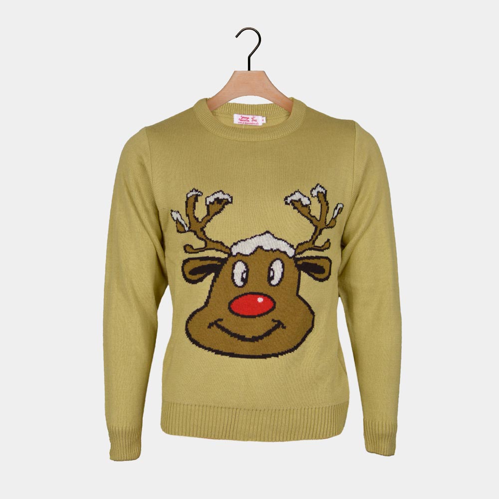 Beige Couple's Christmas Jumper with Smiling Reindeer