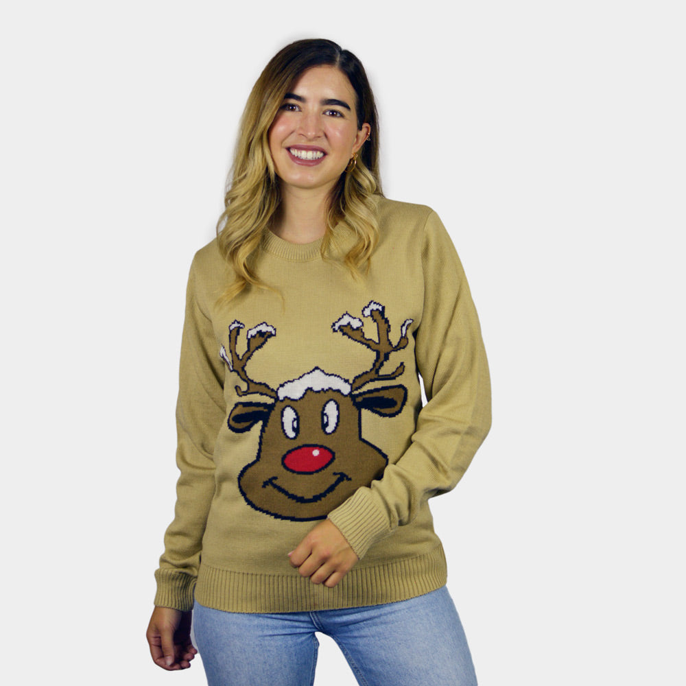 Beige Couple's Christmas Jumper with Smiling Reindeer womens