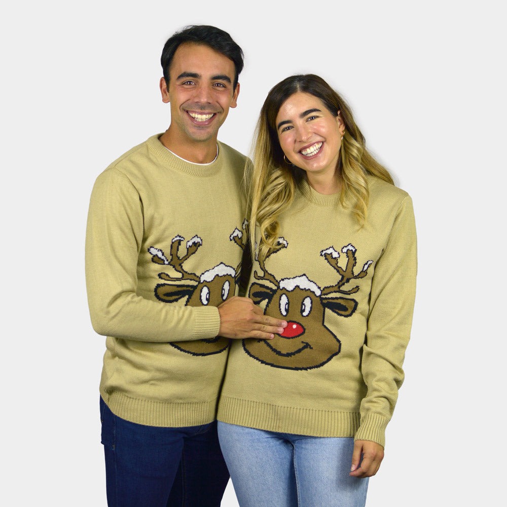 Beige Couple's Christmas Jumper with Smiling Reindeer