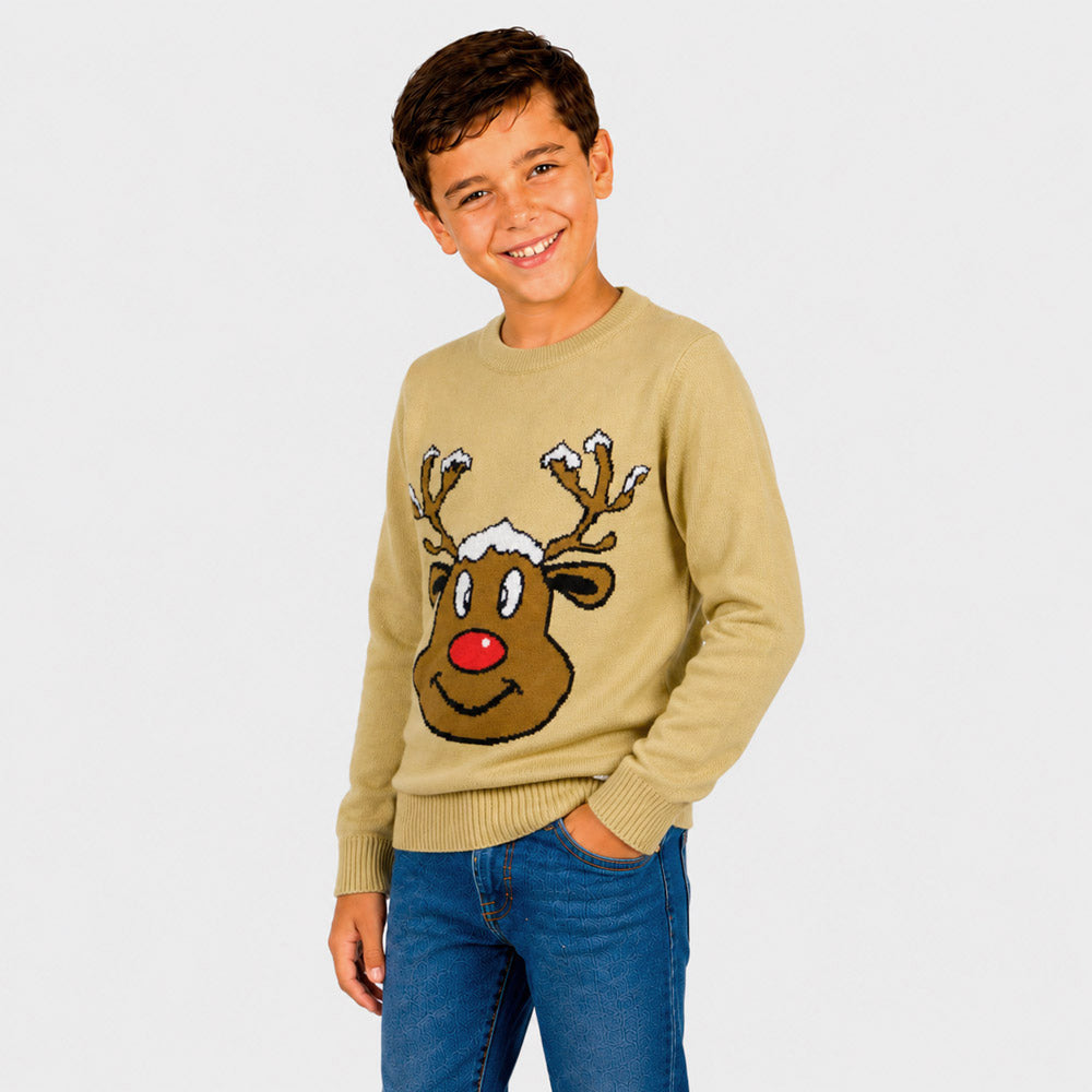 Beige Family Christmas Jumper with Smiling Reindeer Boy
