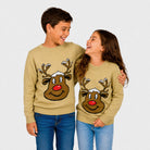 Beige Family Christmas Jumper with Smiling Reindeer Children