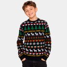 Childrens Black Christmas Jumper with Trees, Reindeer and Gifts
