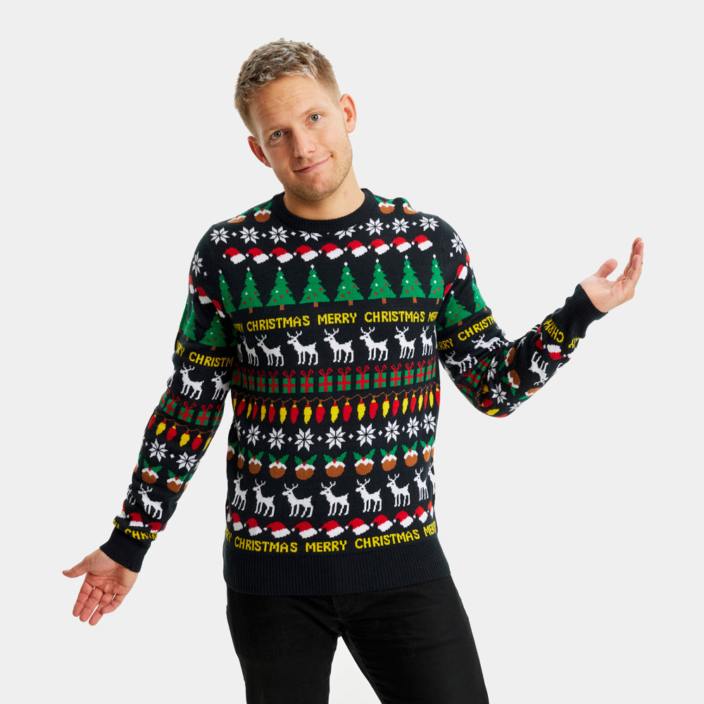 Black Couple's Christmas Jumper with Trees, Reindeers and Gifts mens