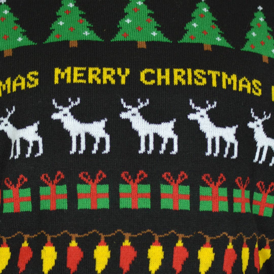 Black Men's Christmas Jumper with Trees, Reindeers and Gifts detail