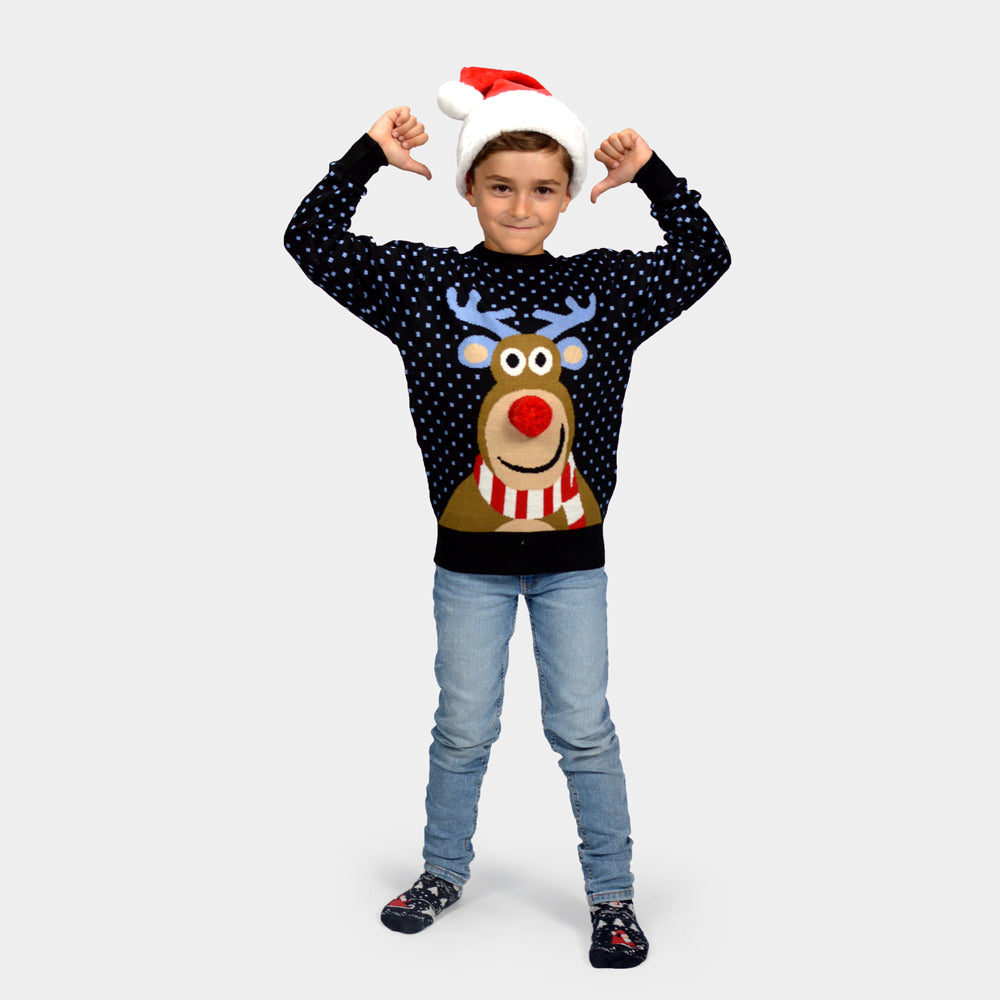 Blue 3D Christmas Jumper Reindeer with Red Nosed Boys 
