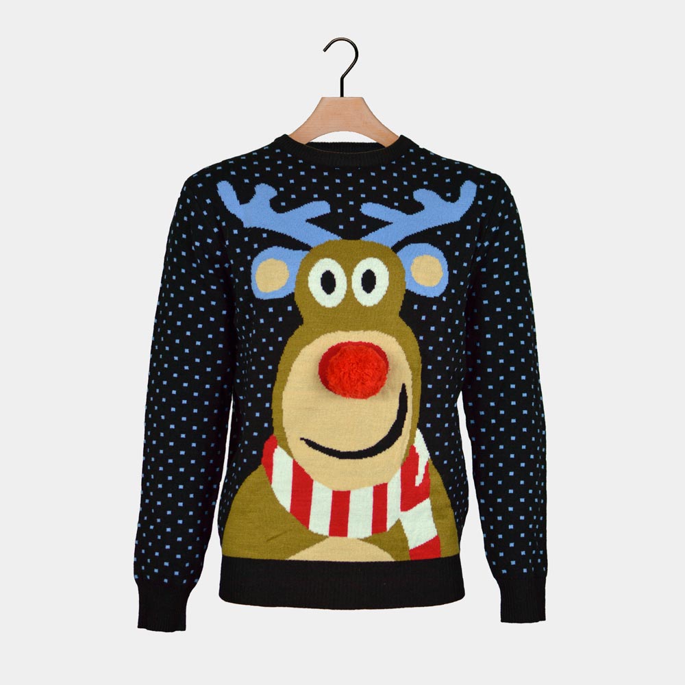 Blue 3D Couple's Christmas Jumper Reindeer Red Nosed