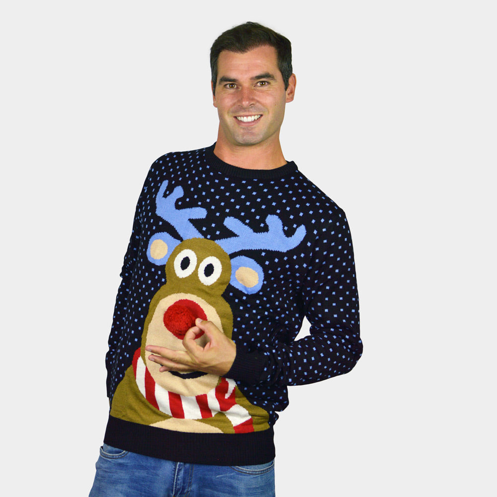 Blue 3D Couple's Christmas Jumper Reindeer with Red Nosed mens