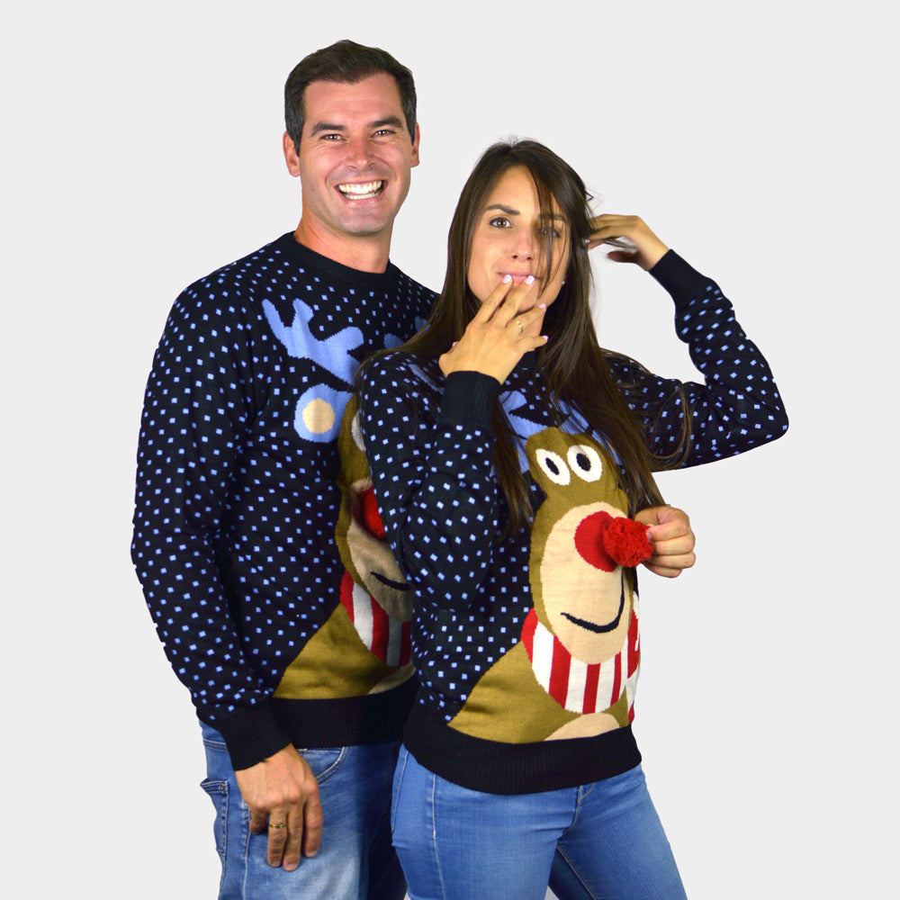 Blue 3D Couple's Christmas Jumper Reindeer with Red Nosed