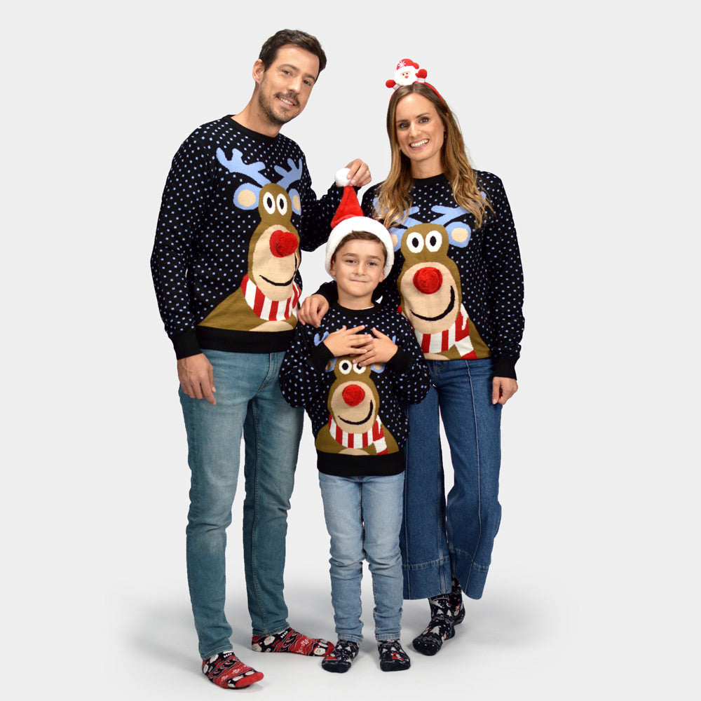 Blue 3D Family Christmas Jumper Reindeer with Red Nosed
