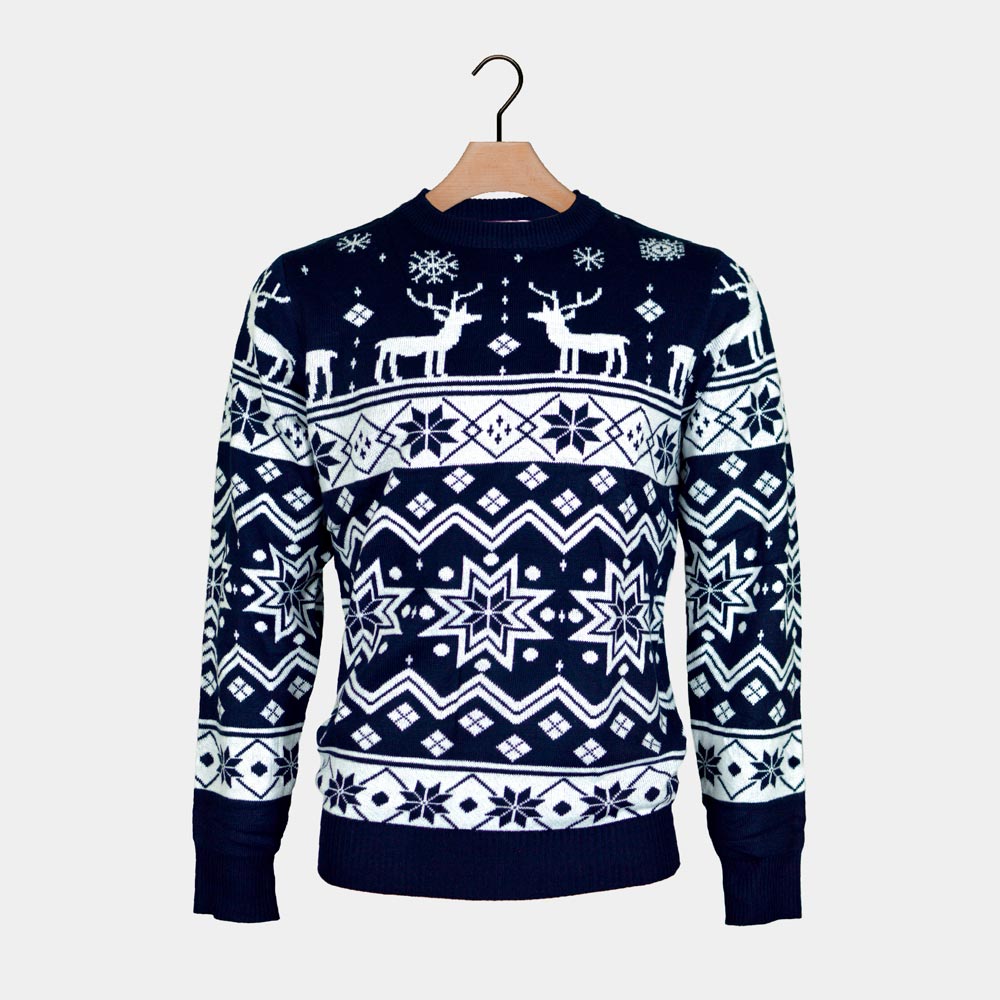 Blue Couple's Christmas Jumper Reindeers Nordic Stars