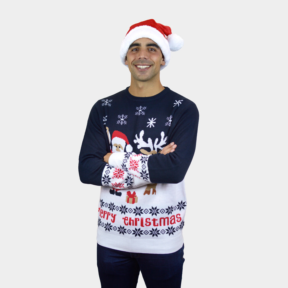 Blue Men's Christmas Jumper Santa Rudolph