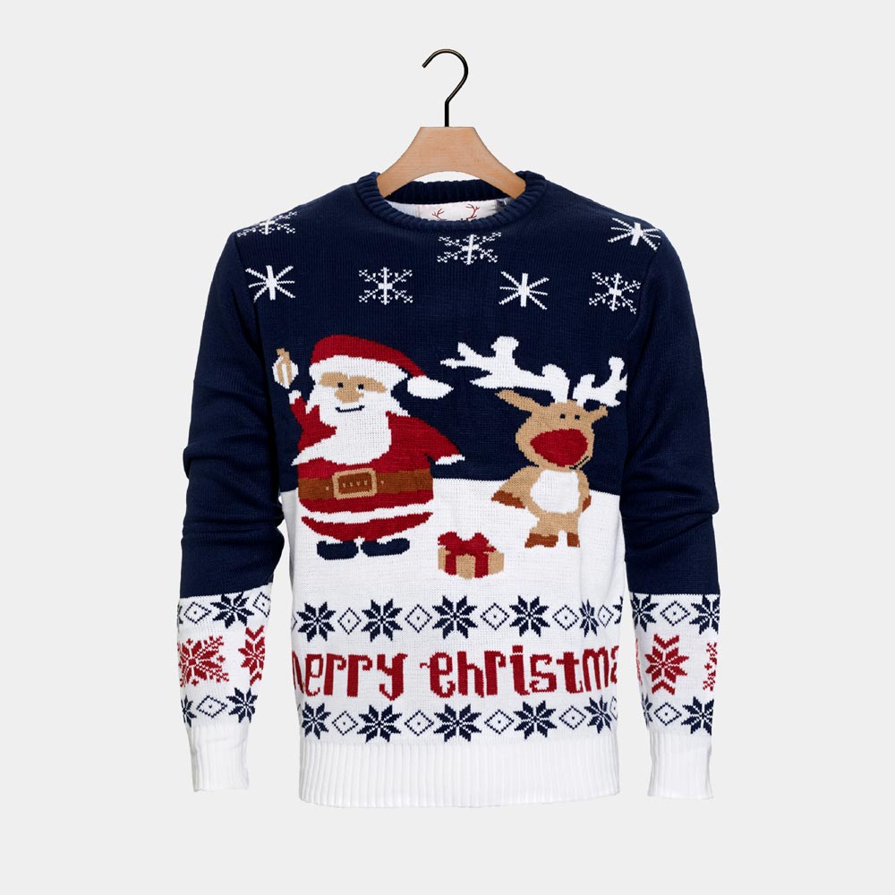 Men's Blue Christmas Jumper with Santa and Rudolph