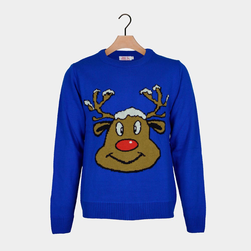 Blue Couple's Christmas Jumper Smiling Reindeer