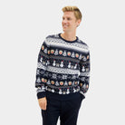 Mens Blue  Christmas Jumper with Snowmen and Trees