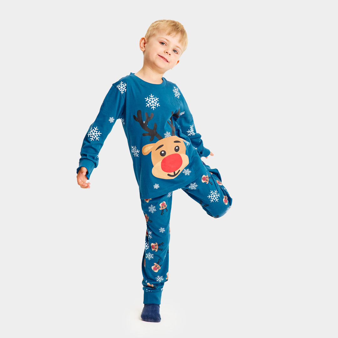 Children’s Blue Organic Cotton Christmas Pyjamas with Rudolph the Rein ...