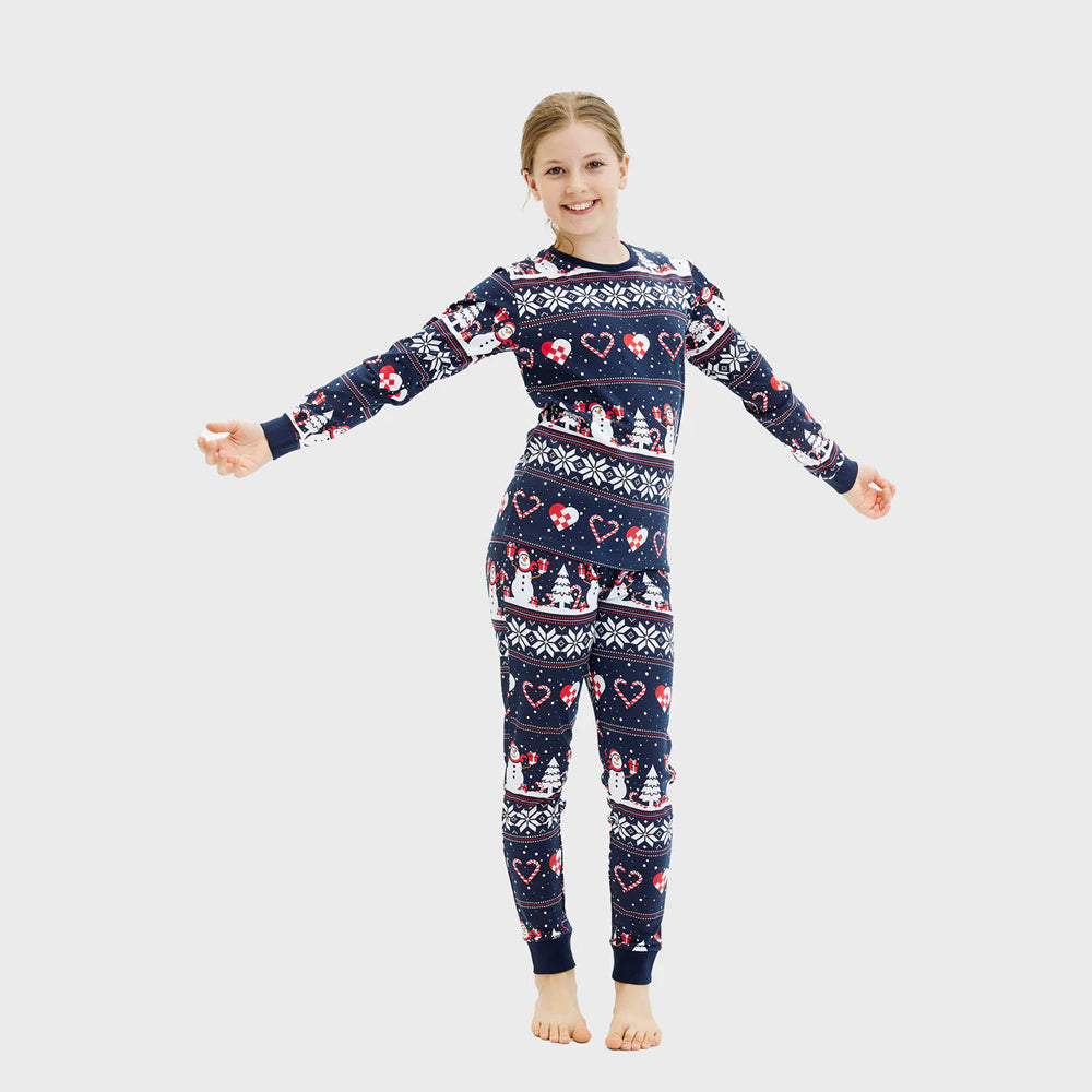 Blue Christmas Pyjama Girls Children with Snowmen and Hearts

