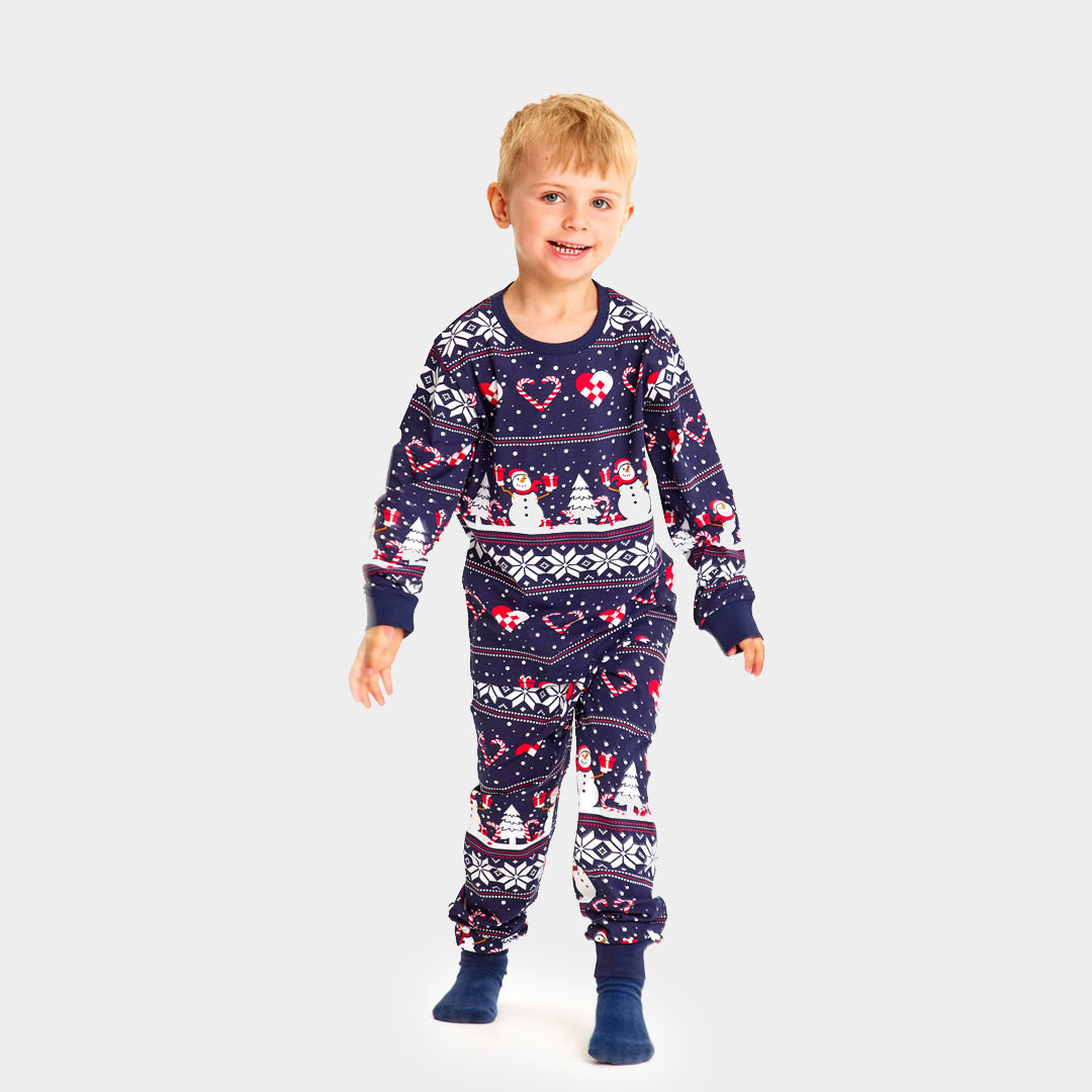 Blue Christmas Pyjama for Children with Snowmen and Hearts