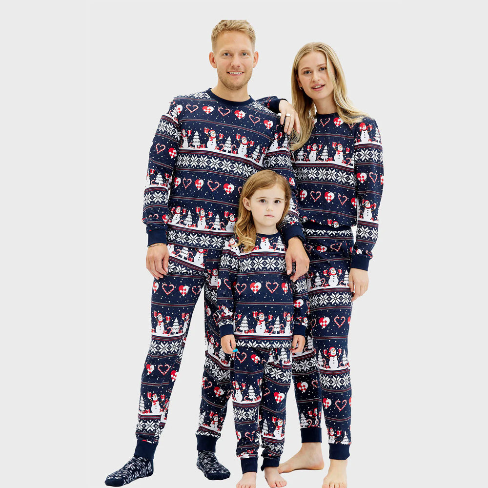 Blue Christmas Pyjama for Family with Snowmen and Hearts
