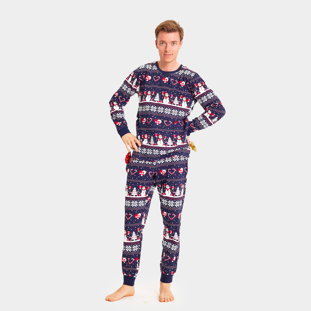 Blue Christmas Pyjama for Men with Snowmen and Hearts