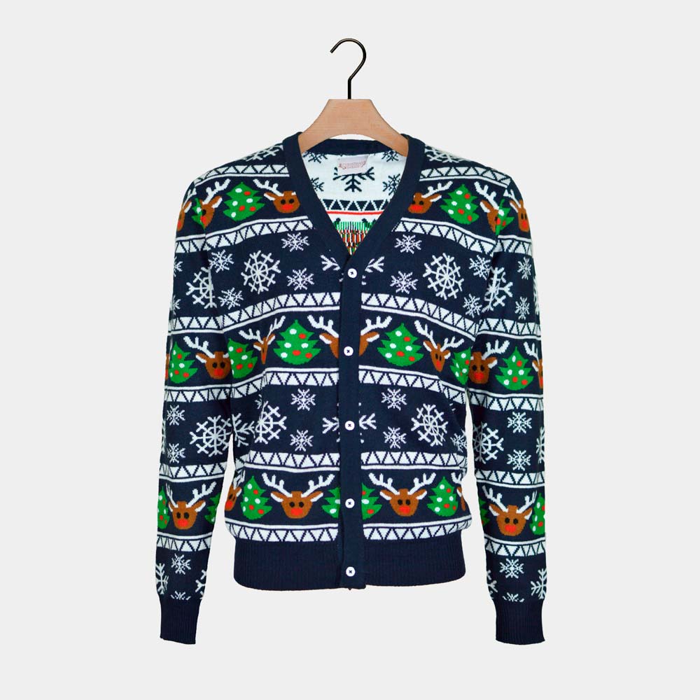 Blue Couple's Cardigan Christmas Jumper with Reindeers and Trees