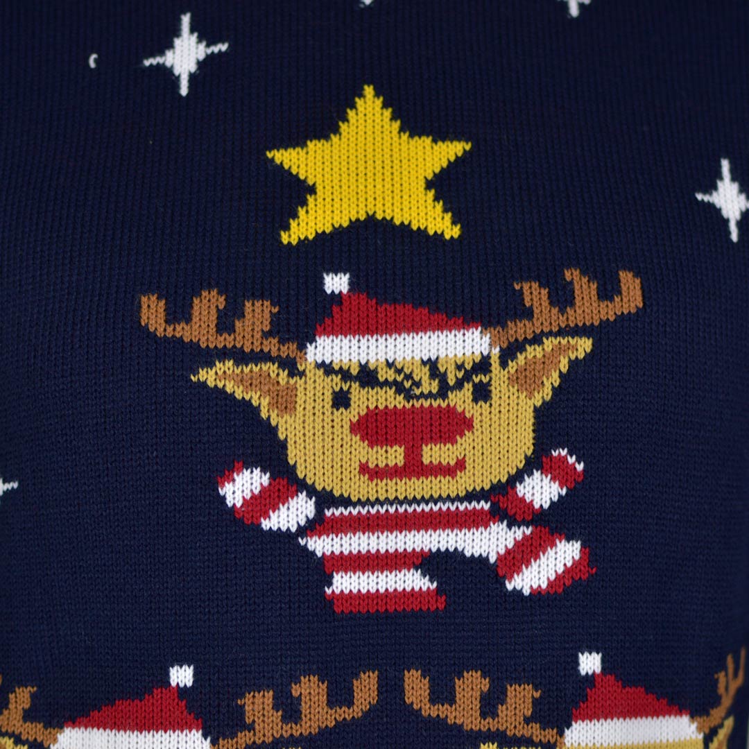 Blue Couple's Christmas Jumper with Reindeers, Christmas Tree and Star detail