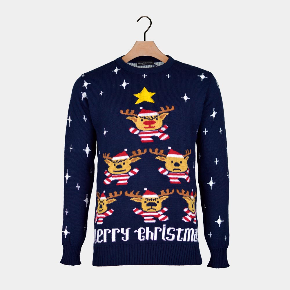 Blue Couple's Christmas Jumper with Reindeers, Christmas Tree and Star