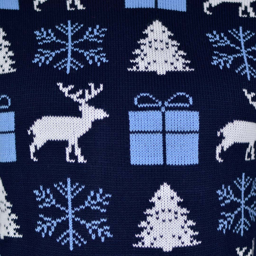 Blue Couple's Christmas Jumper with Reindeers, Gifts and Trees detail