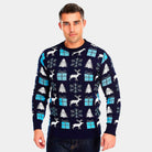 mens Blue Couple's Christmas Jumper with Reindeers, Gifts and Trees