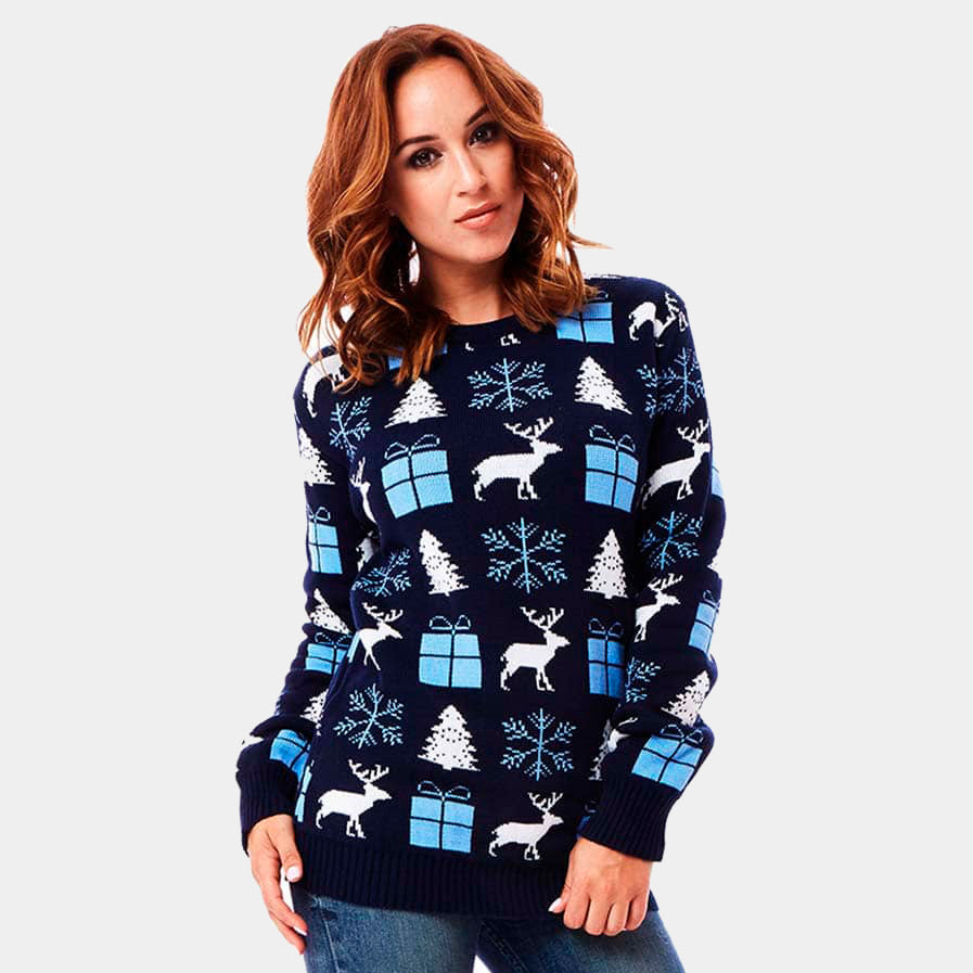 Blue Couple's Christmas Jumper with Reindeers, Gifts and Trees womens